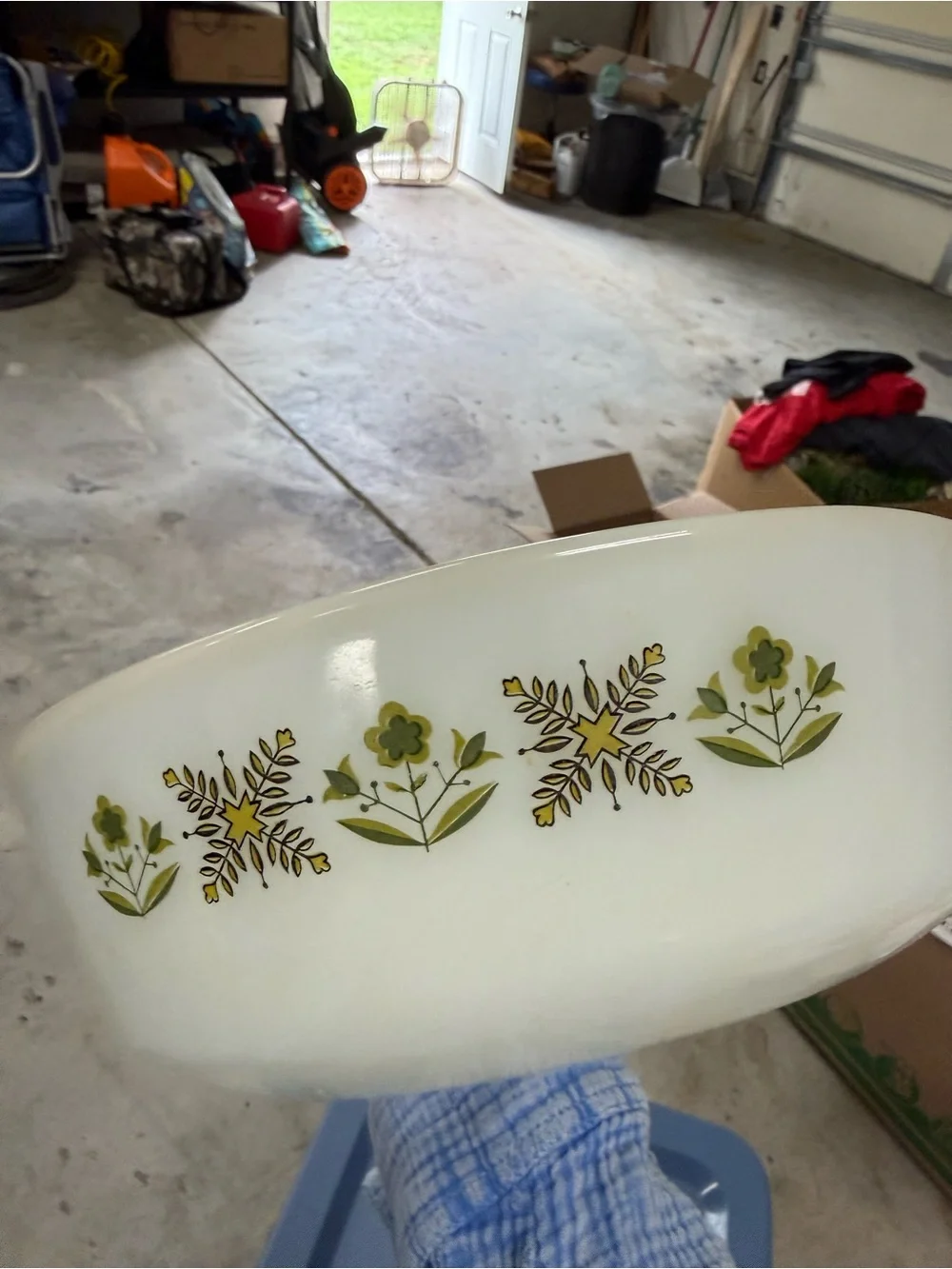 Vintage Milk Glass Casserole Dish with Green Floral Pattern